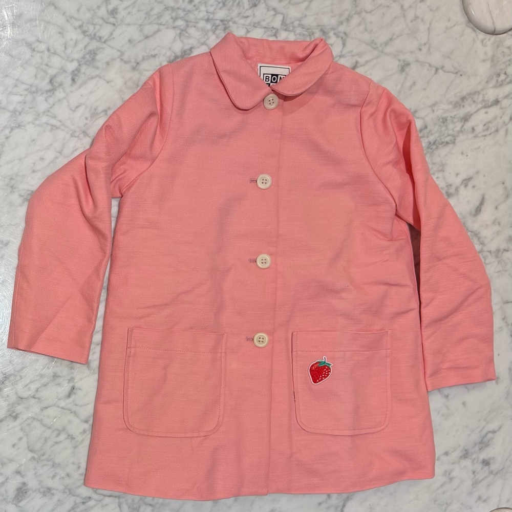 Bonton Pink Button-Up Jacket with Strawberry Patch